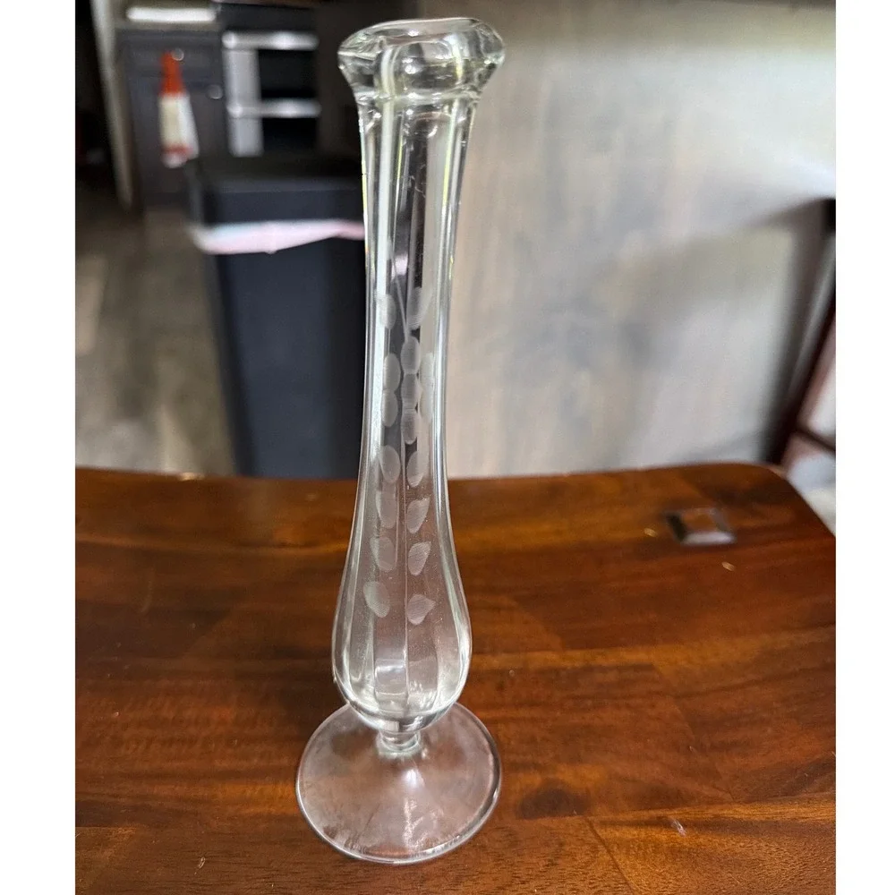 Vintage Etched Glass Bud Vase Clear Floral Leaf Pattern Scalloped Rim 8 Inch